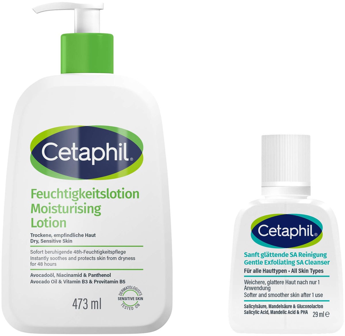 Cetaphil Feuchtigkeitslotion 473 ml + gratis Cetaphil sanft glättende SA Reinigungslotion 29 ml