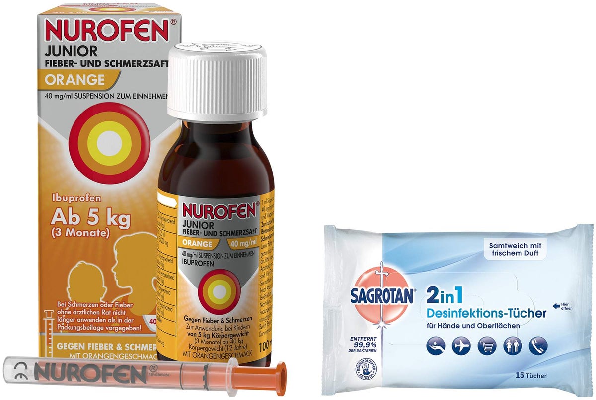Nurofen Junior Fieber- & Schmerzsaft Orange 40mg pro ml 100 ml + Sagrotan 2 in 1 Desinfektionstücher 15 Stück