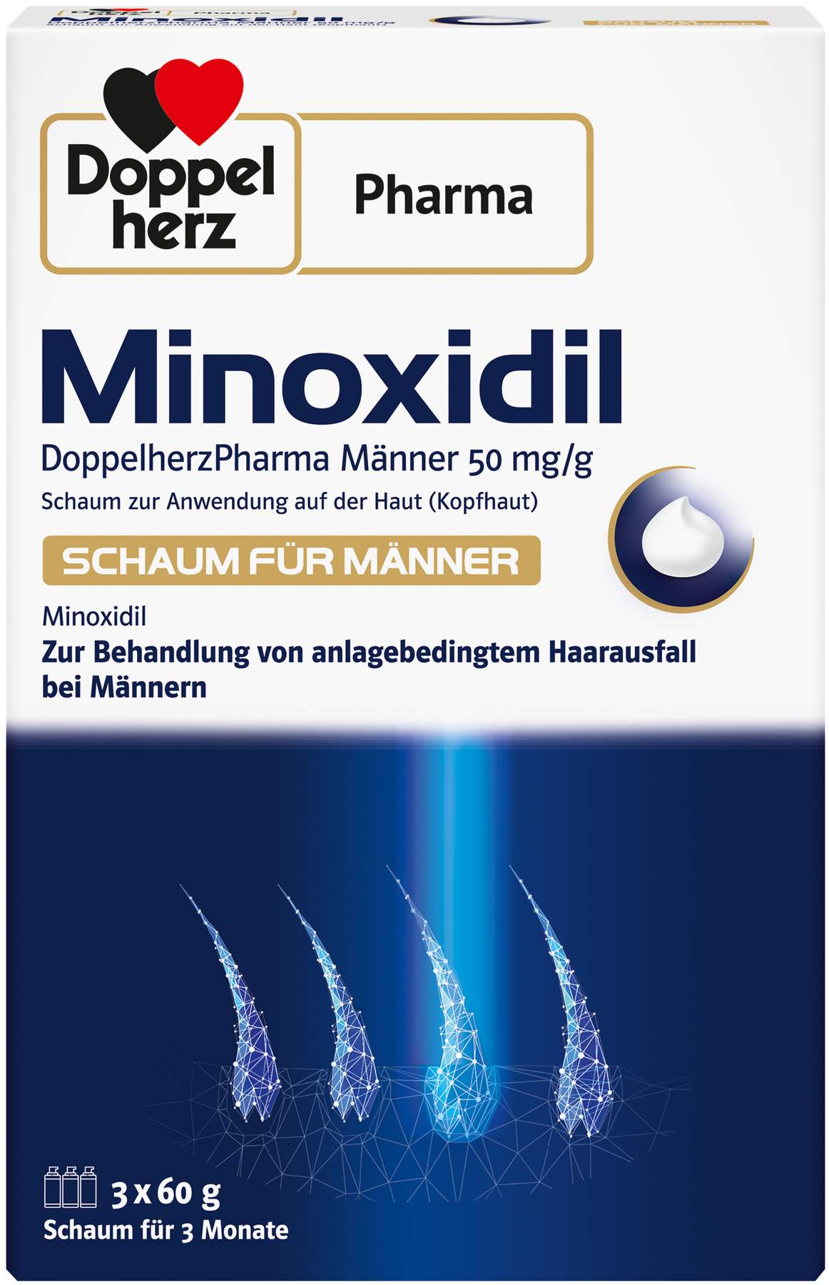 Minoxidil Doppelherz Pharma 50 mg je g 3 x 60 g Schaum für Männer