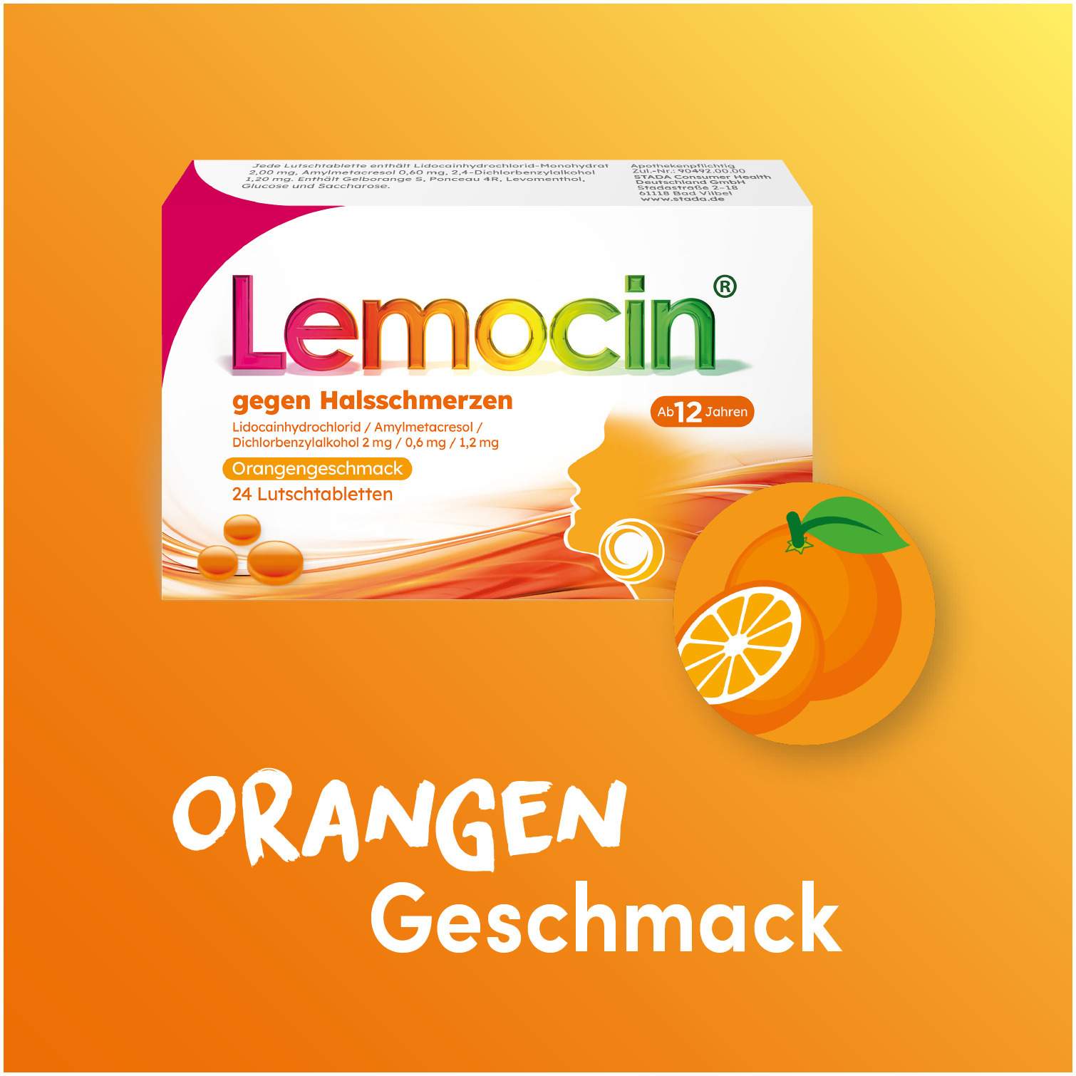 Lemocin gegen Halsschmerzen mit Orangengeschmack 24 Lutschtabletten
