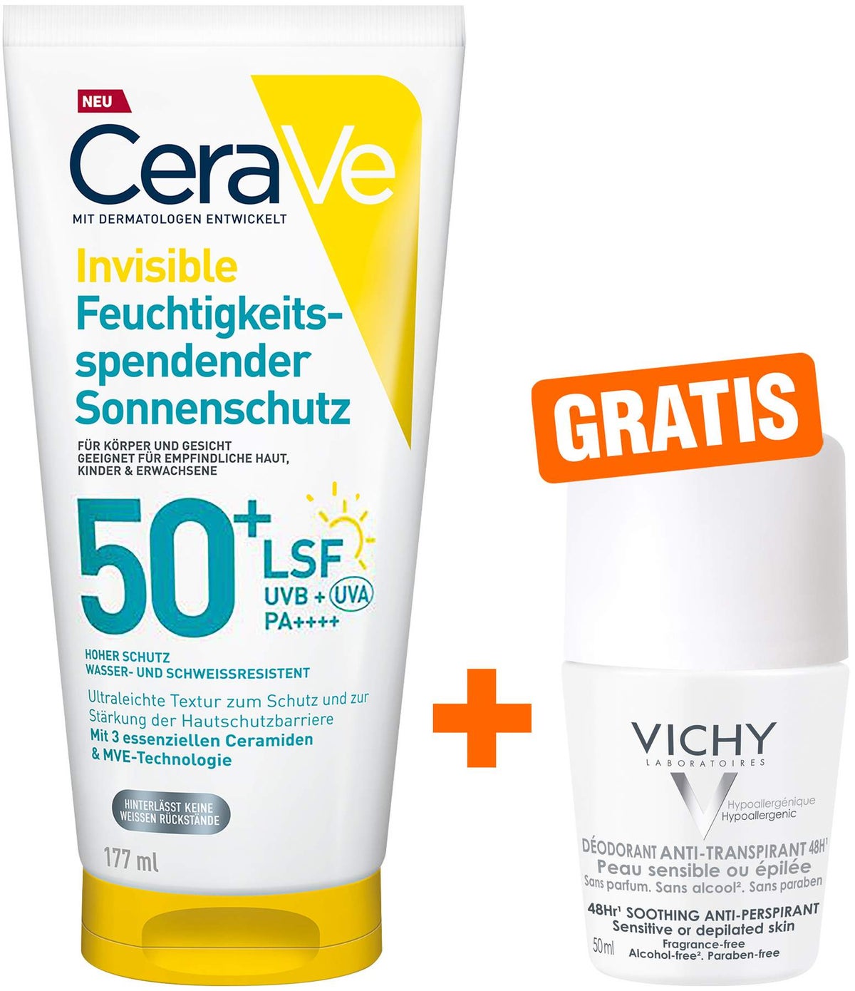 CeraVe Invisible Feuchtigkeitsspendender Sonnenschutz LSF 50+ 177 ml + gratis Vichy Deo Roll-on Anti Flecken 48h 50 ml