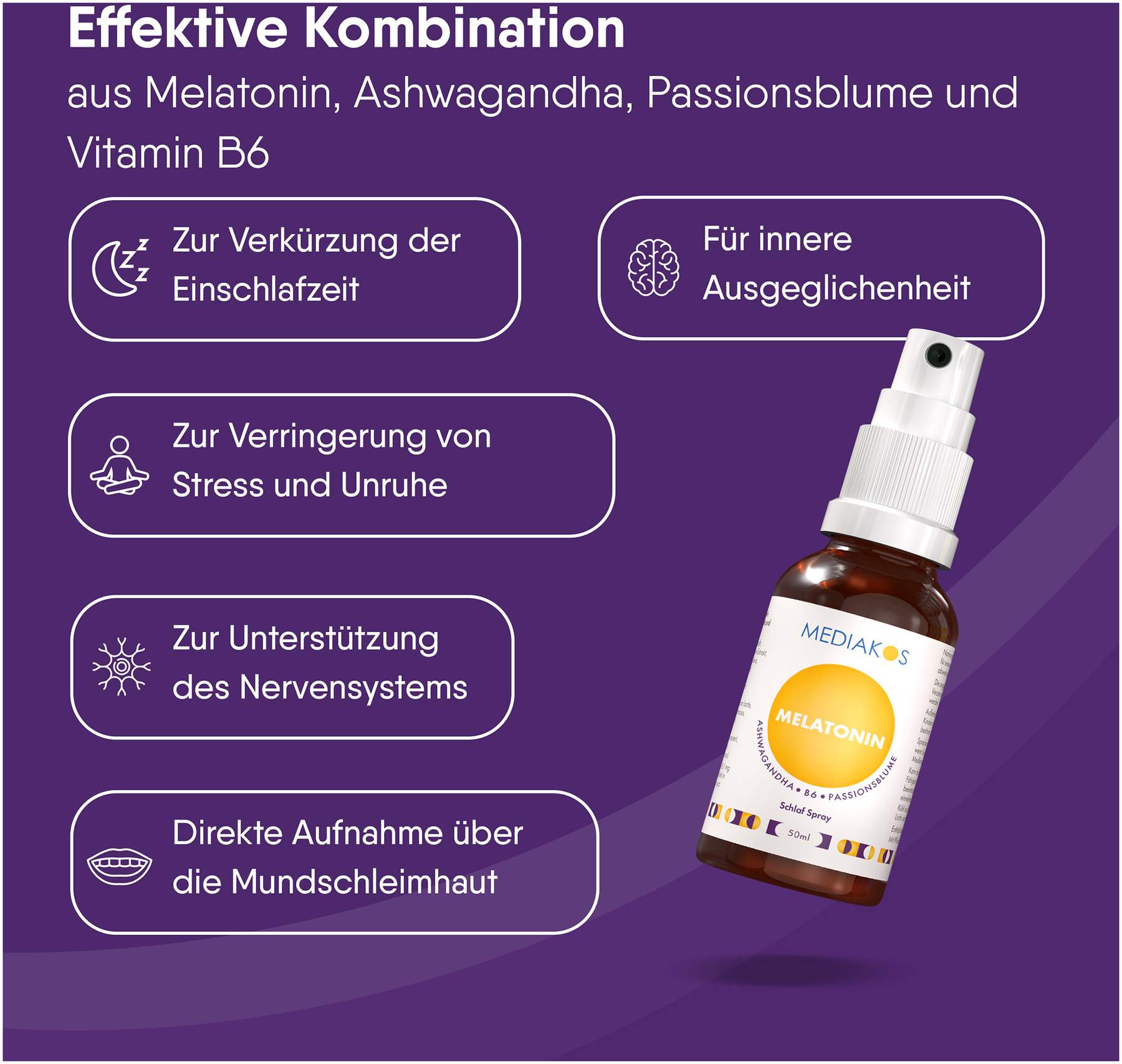 Melatonin Ashwaganda Mediakos Schlaf Spray Vegan 50 ml