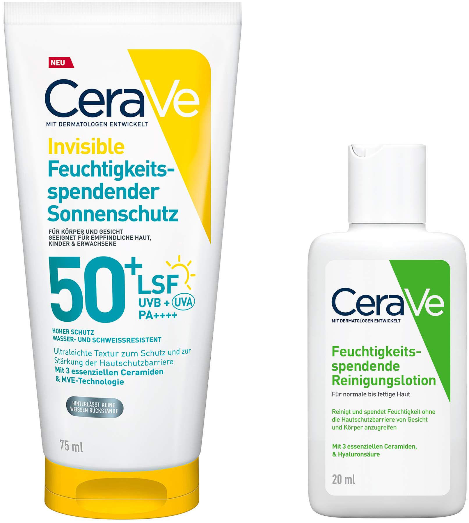 CeraVe Feuchtigkeitsspendender Sonnenschutz LSF 50+ 75 ml + gratis CeraVe Feuchtigkeitsspendende Reinigungslotion 20 ml
