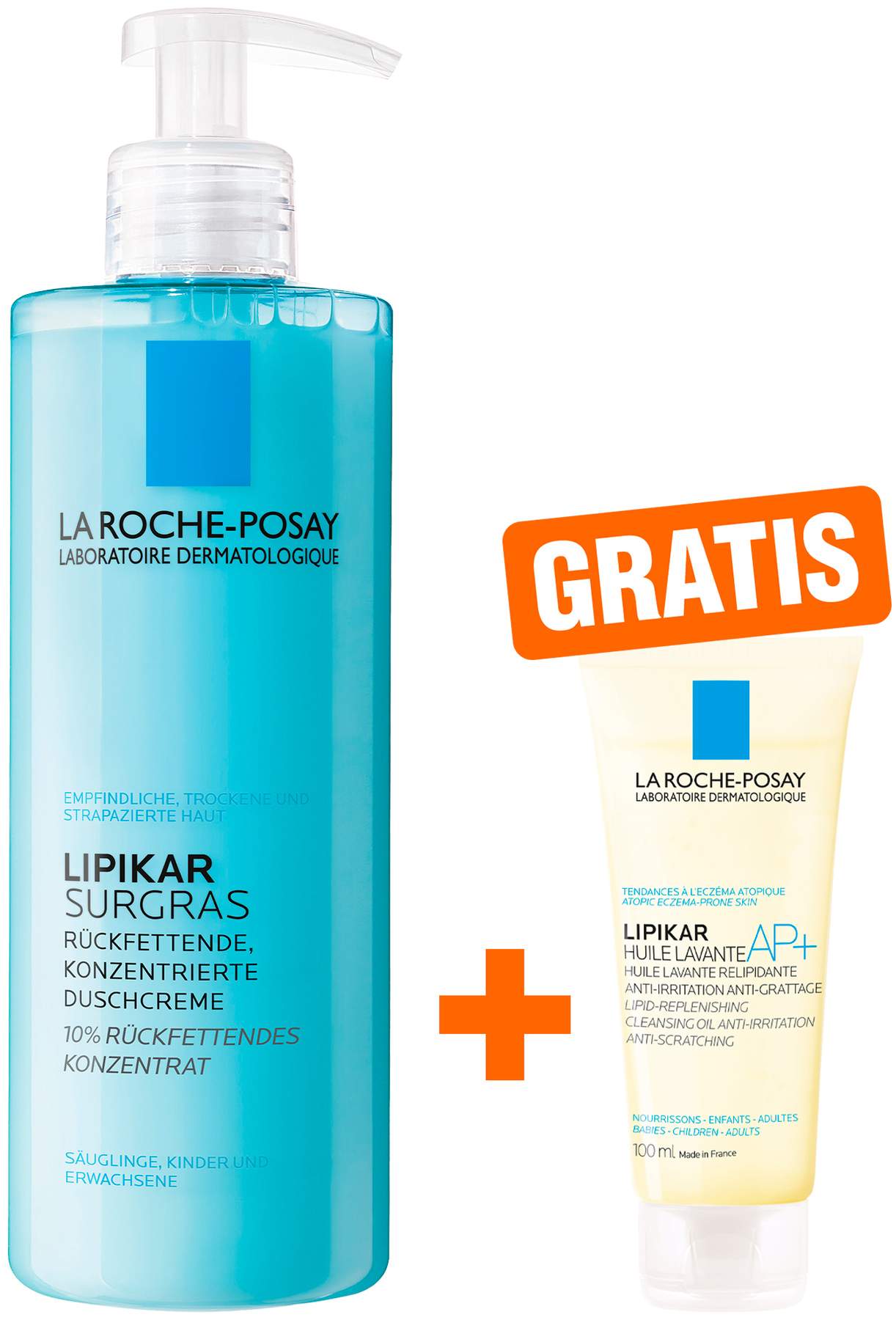 La Roche Posay Lipikar Surgras Duschcreme 400 ml Duschgel + gratis Roche Posay Lipikar Dusch- und Badeöl AP+ 100 ml