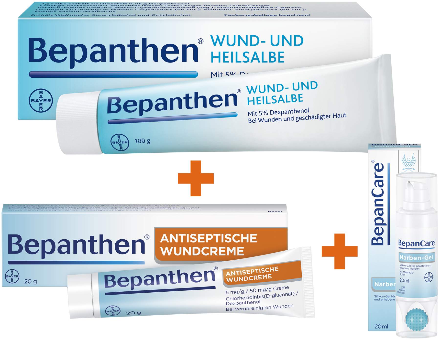 Bepanthen Wund u Heilsalbe 100 g + Bepanthen Antiseptische Wundcreme 20 g + BepanCare Narbengel mit Massageroller 20 ml