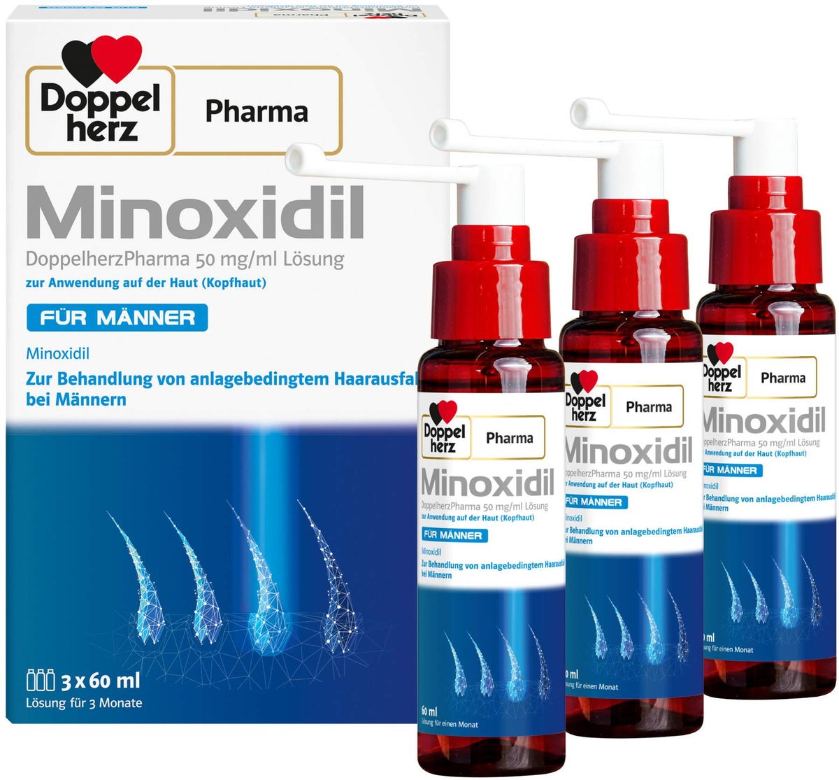 Minoxidil Doppelherz Pharma 50 mg je ml 3 x 60 ml Lösung für Männer