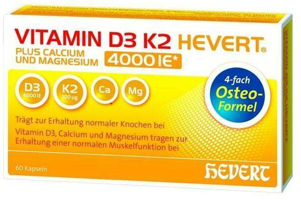 Vitamin D3 K2 Hevert plus Calcium und Magnesium 4000 IE 60 Kapseln