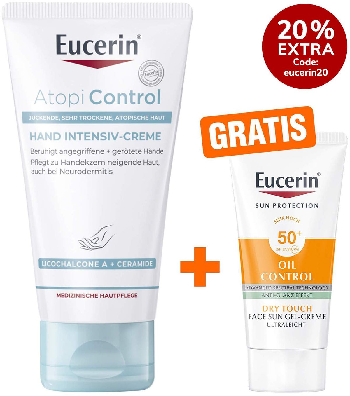 Eucerin AtopiControl Hand Intensiv 75 ml Creme + gratis Eucerin Sun Gelcreme Oil Control 20 ml