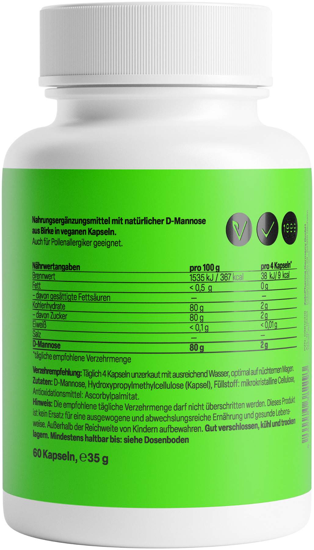 Natural D Mannose 500 mg 60 Kapseln