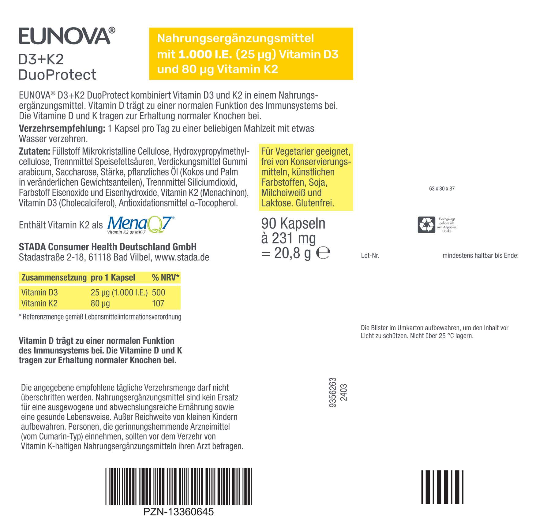 Eunova DuoProtect D3 + K2 1000 I.E. 90 Kapseln
