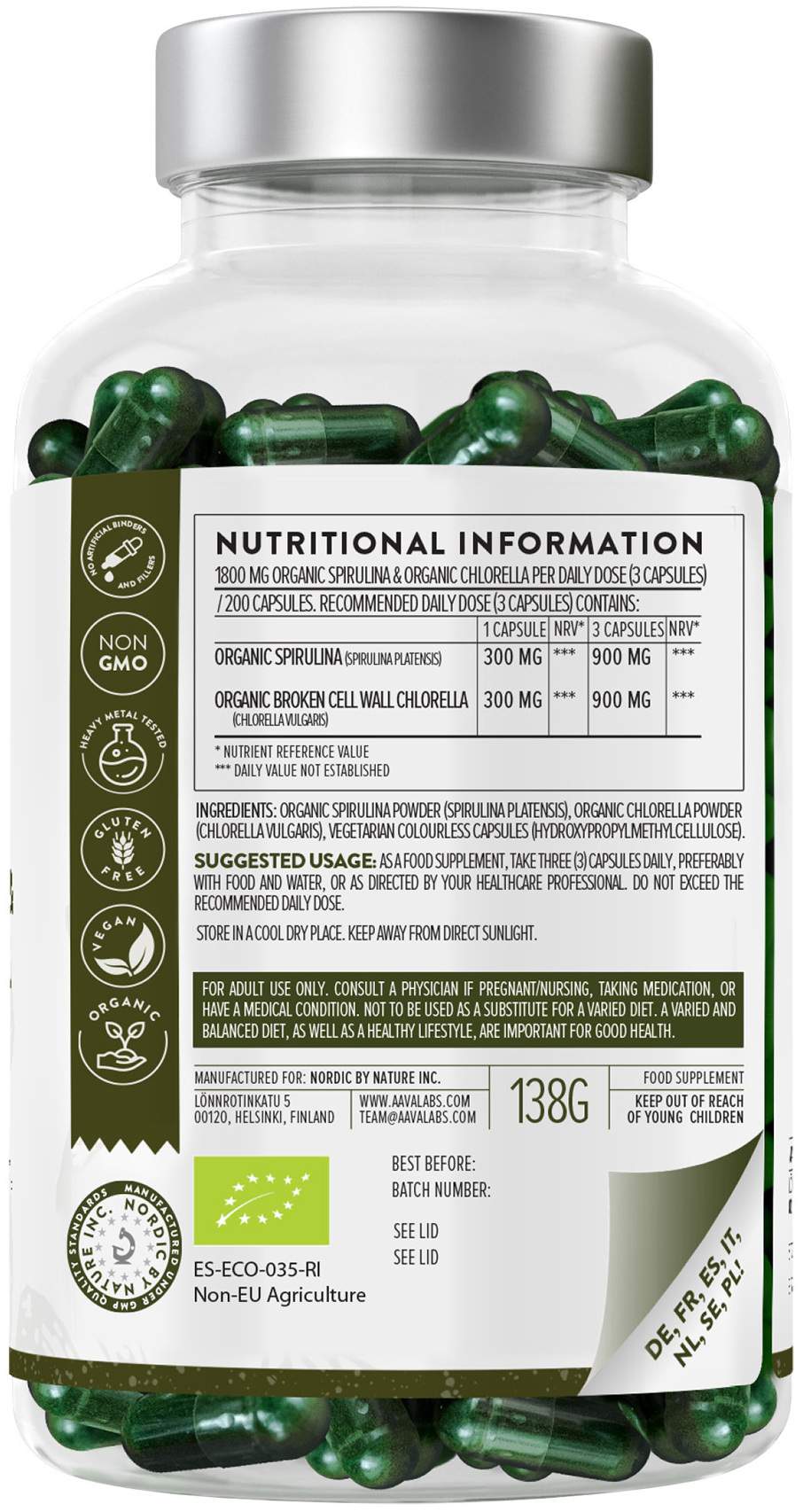 Aavalabs Spirulina & Chlorella Komplex Vegan 200 Kapseln