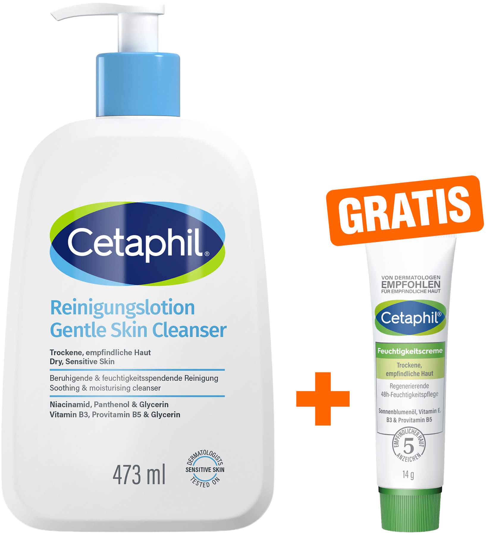 Cetaphil Reinigungslotion für Körper und Gesicht 473 ml + Cetaphil Feuchtigkeitscreme 14 g