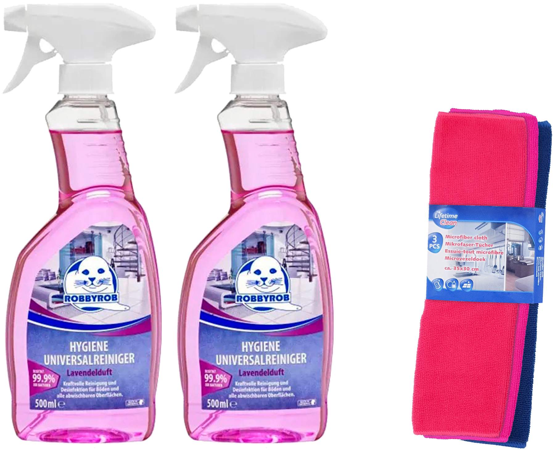 Hygiene Universalreiniger Lavendel 2x 500 ml + gratis Mikrofaser Reinigungstücher 3 Stück