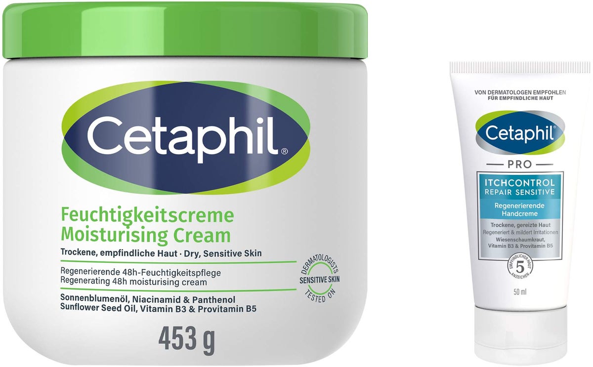 Cetaphil Feuchtigkeitscreme 453g + gratis Pro Itch Control Repair Sensitive regenerierende Handcreme 50 ml