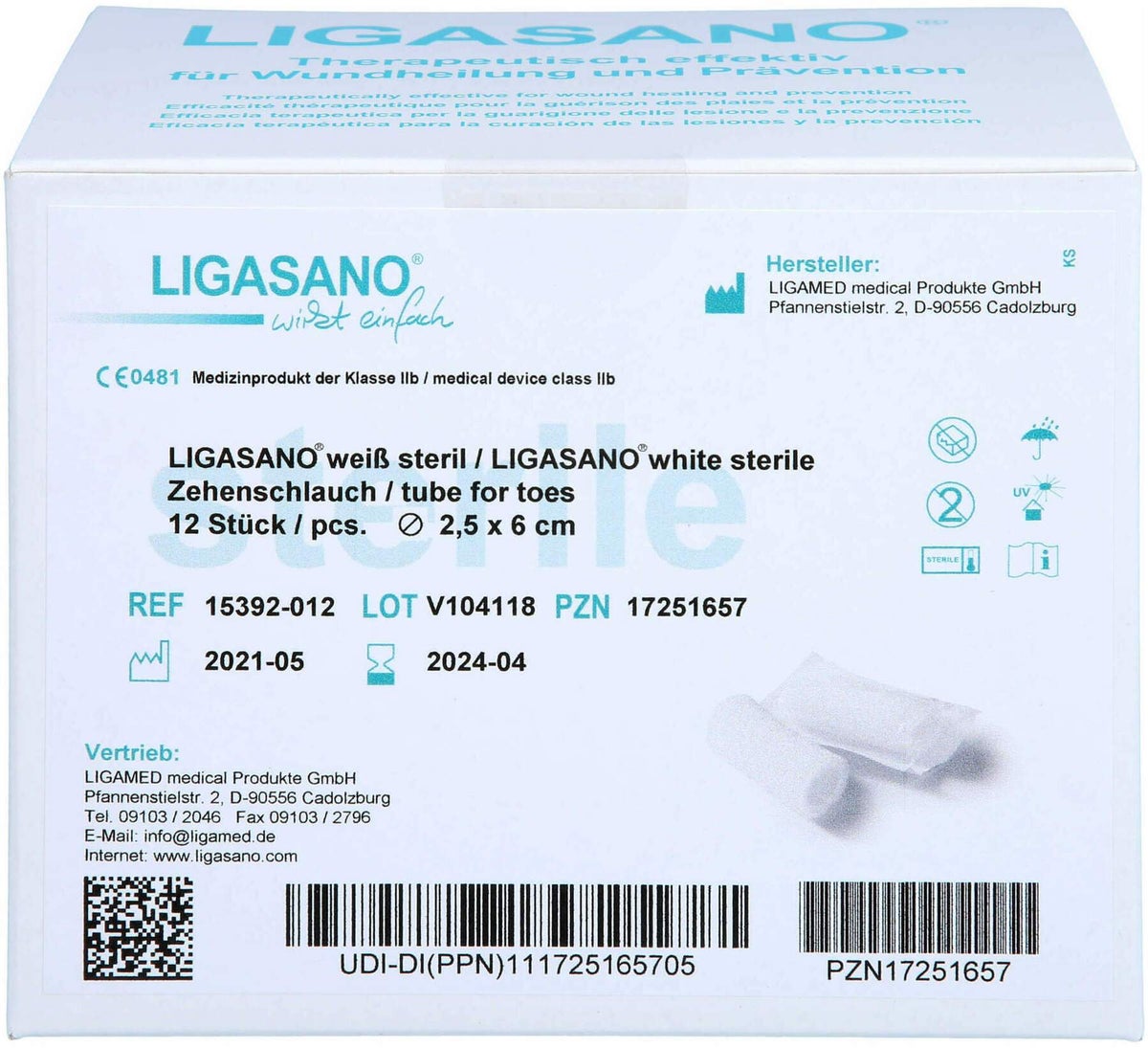 Ligasano Weiß Zehenschlauch 2,5x6 cm Steril Klein