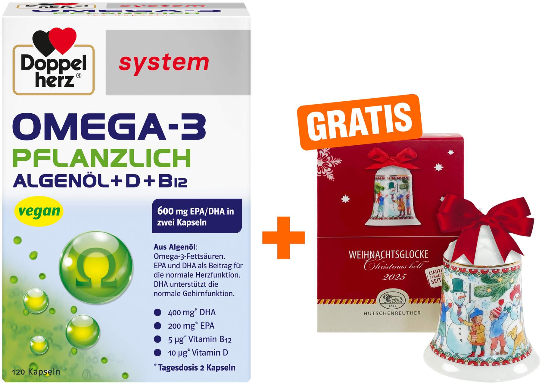 Doppelherz system Omega-3 Pflanzlich 120 Kapseln + gratis Hutschenreuther Weihnachtsglocke original 1 Stück