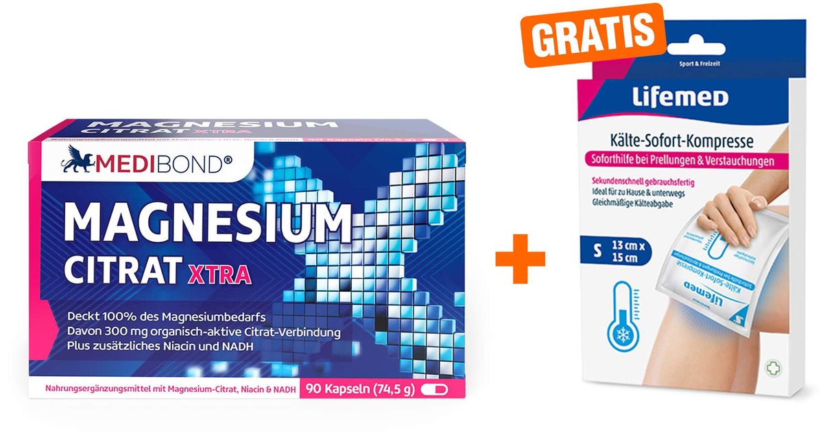 Magnesium Citrat XTRA Medibond 90 Kapseln + gratis Sofort Kühl Kompresse 1 Stück