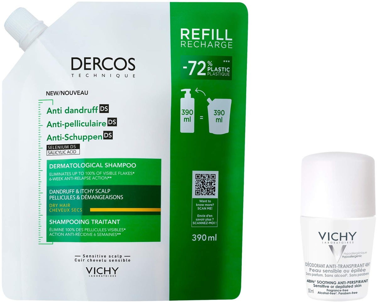 Vichy Dercos Anti-Schuppen Shampoo trockene Kopfhaut Nachfüllpack 390ml + gratis Vichy Deo Roll-on 50ml