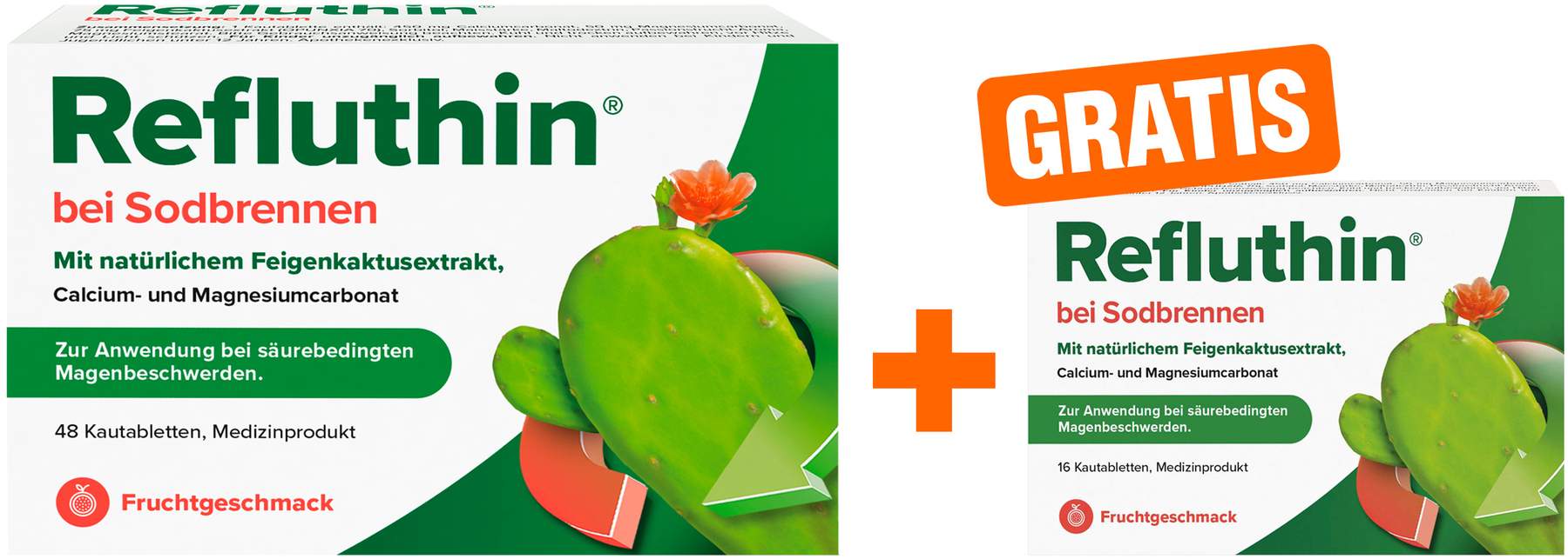Refluthin Kautabletten Fruchtgeschmack 48 Stück + gratis 16 Kautabletten