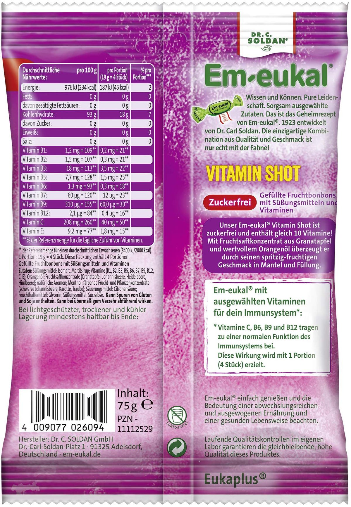 Em-Eukal Immunstark Vitamin Shot Vitaminbonbons Zuckerfrei 75 G