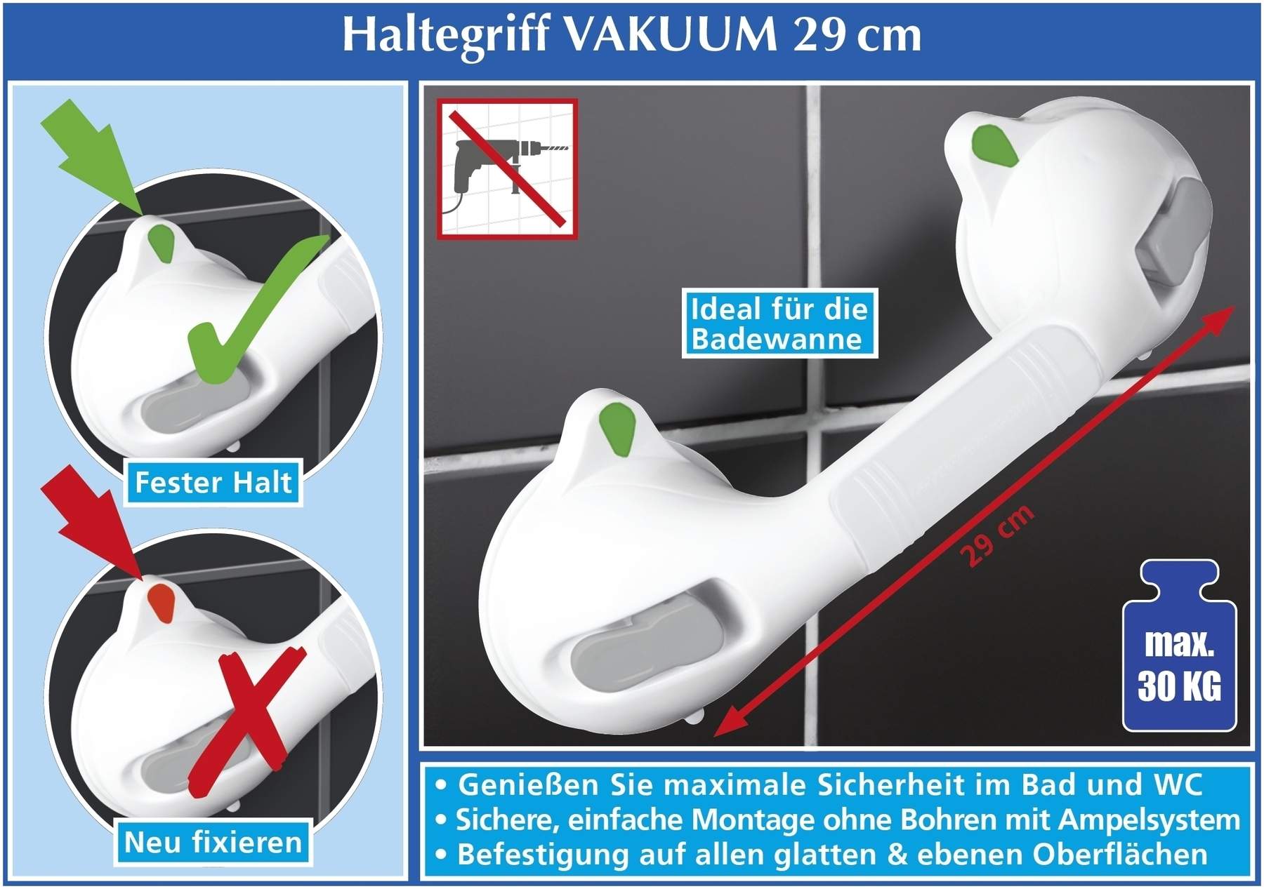Wandgriff SECURA, 29 cm Saugnapf mit Saugnapf und Ampelsystem