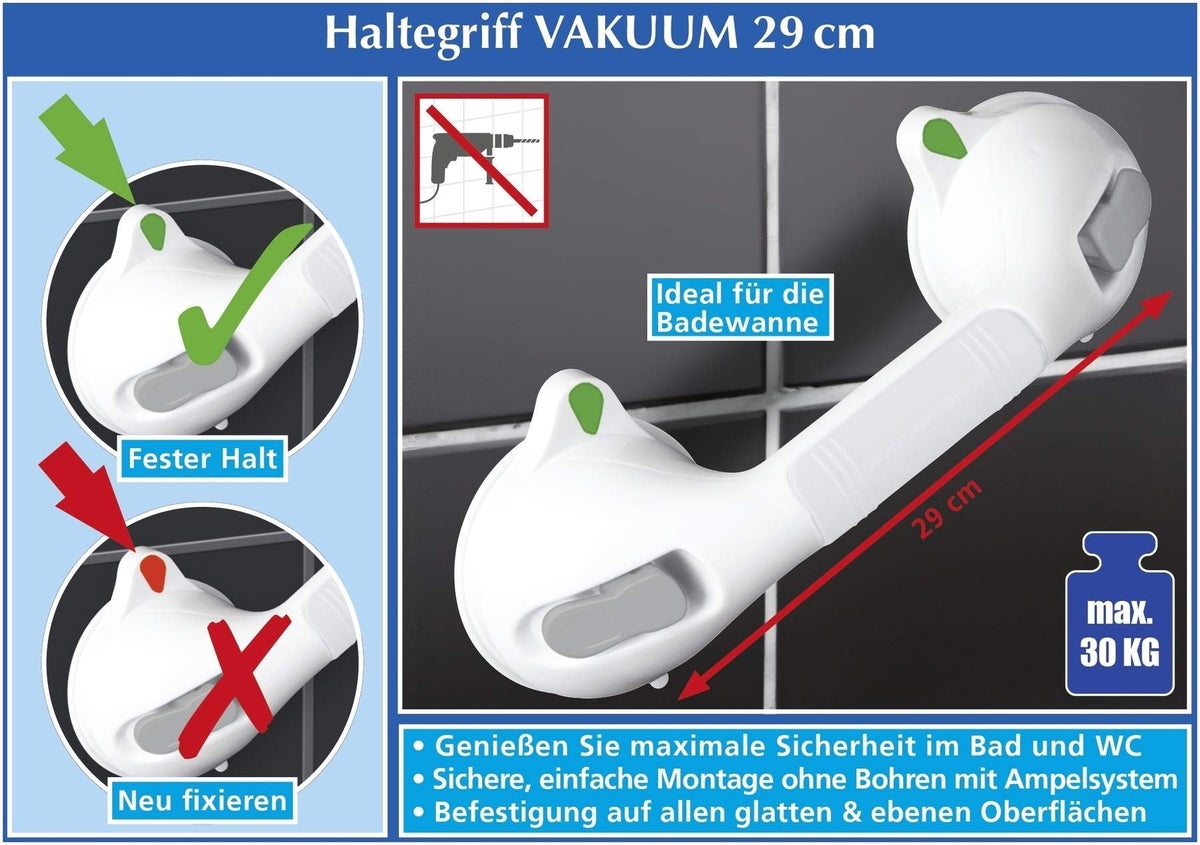 Wandgriff SECURA, 29 cm Saugnapf mit Saugnapf und Ampelsystem