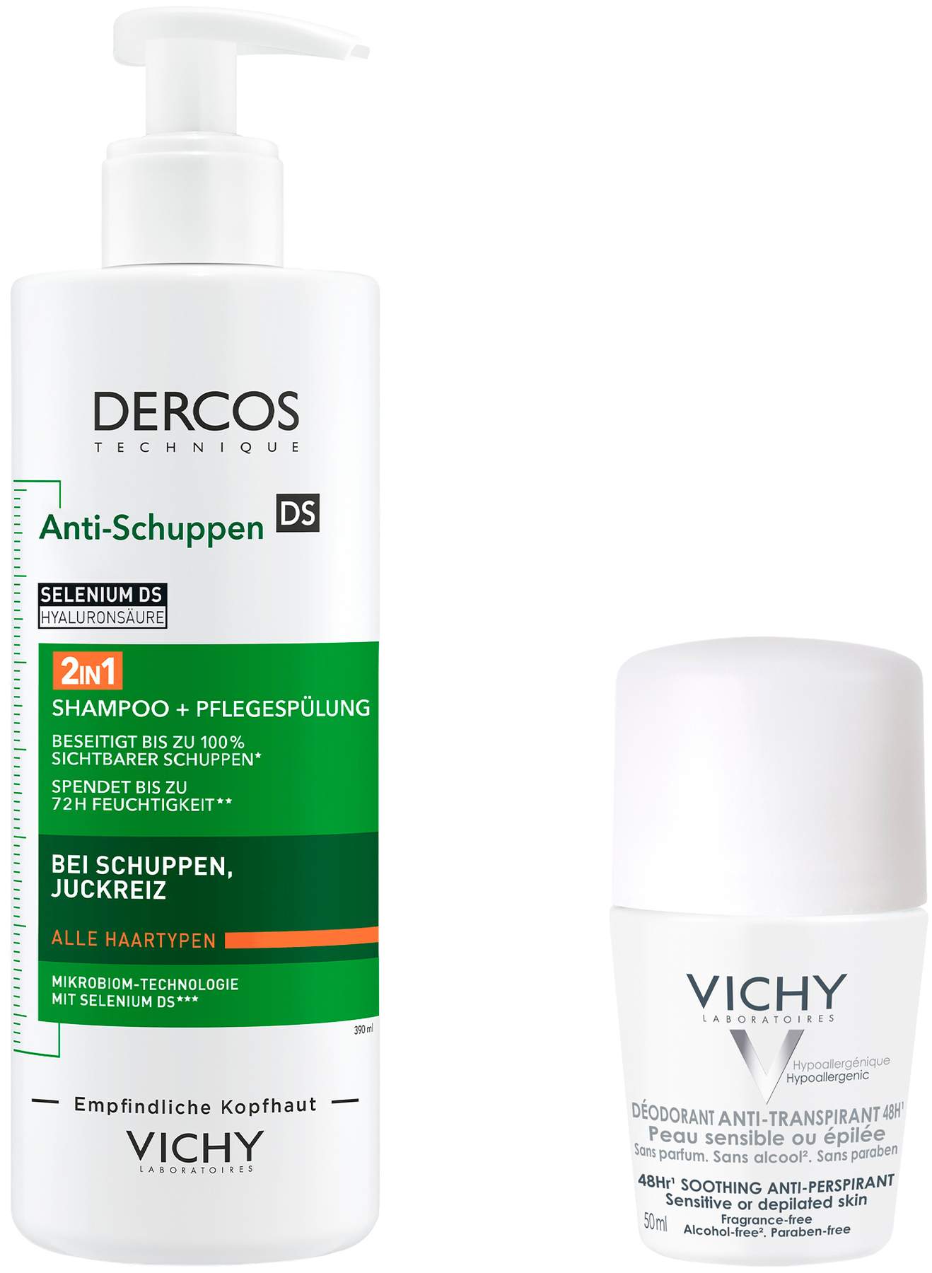 Vichy Dercos Anti-Schuppen 2in1 Shampoo + Conditioner 390 ml + gratis Vichy Deo Roll-on Anti Flecken 48h 50ml