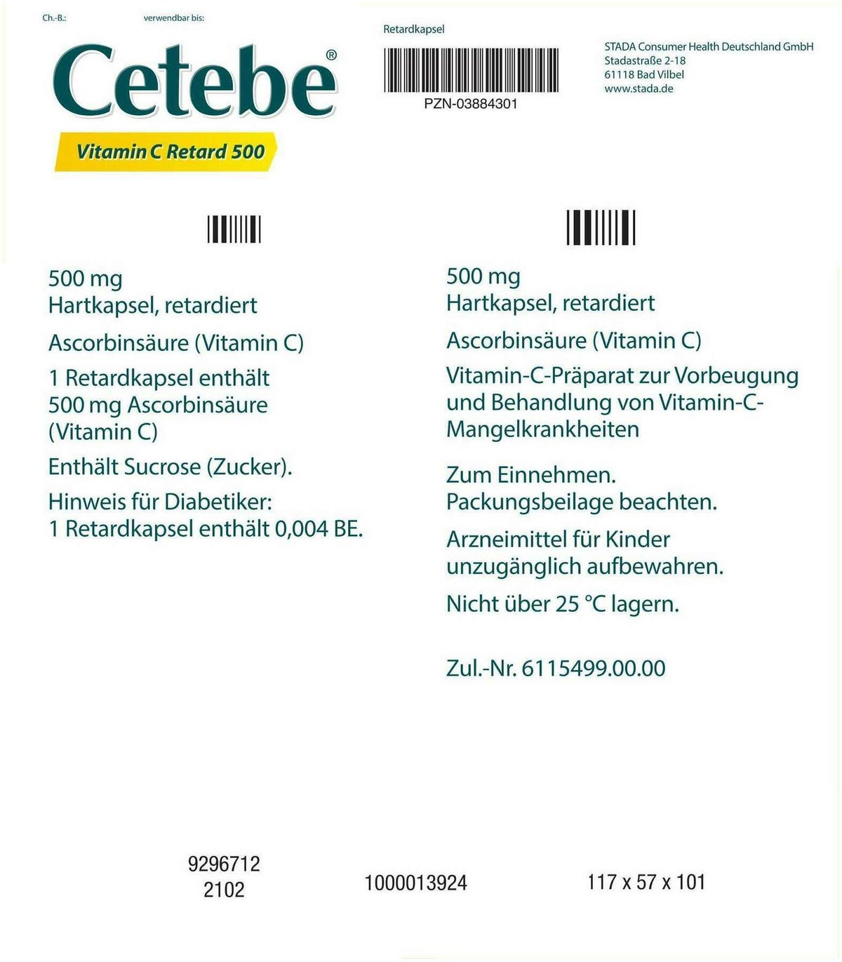 Cetebe Vitamin C Retardkapseln 500 mg 180 Stück