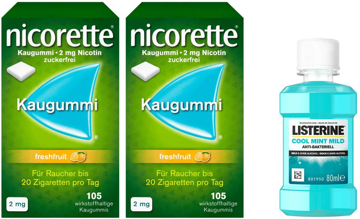 Nicorette 2 mg freshfruit Kaugummi 2 x 105 Stück + gratis Listerine Cool Mint 80 ml
