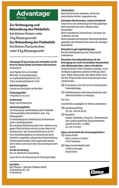 Advantage 40 mg für Katzen und Zierkaninchen bis 4 kg 4 x 0,4 ml Lösung