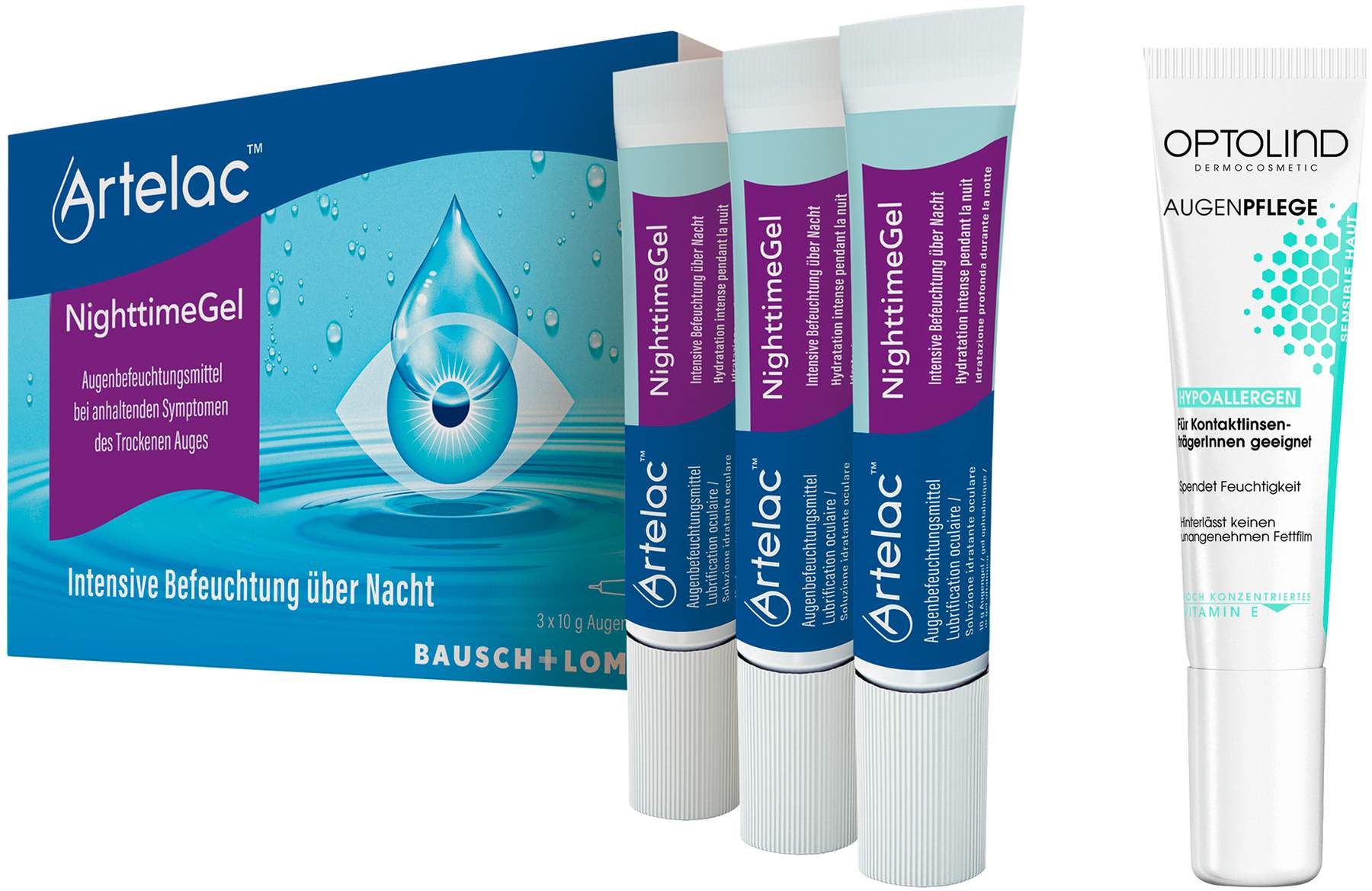 Artelac Nighttime 3x10g Augengel + gratis Optolind Empfindl. Haut Augenpflege 15 ml
