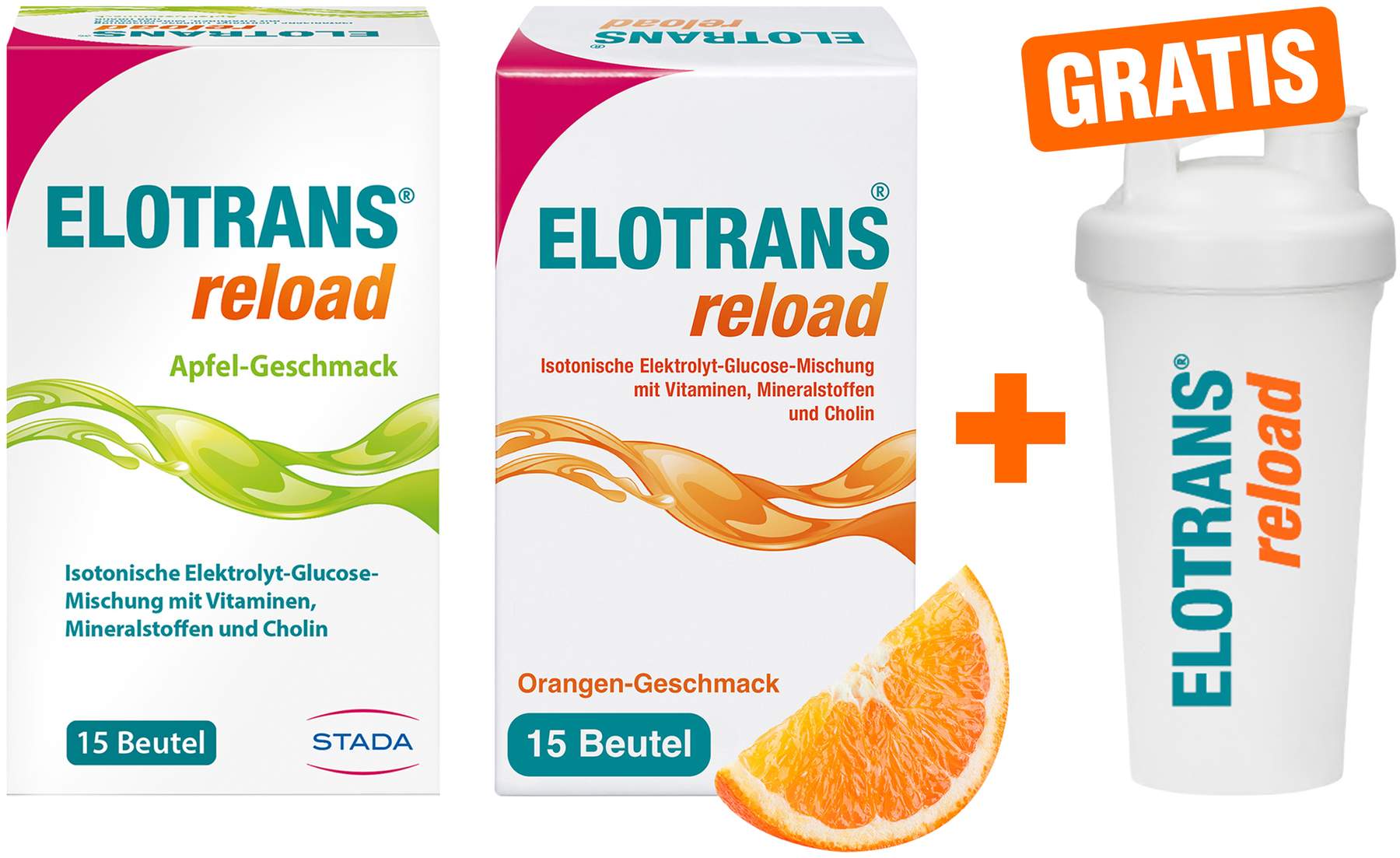 Elotrans reload Apfel 15 Beutel + Elotrans reload 15 Beutel + gratis Elorans reload Shaker 1 Stück