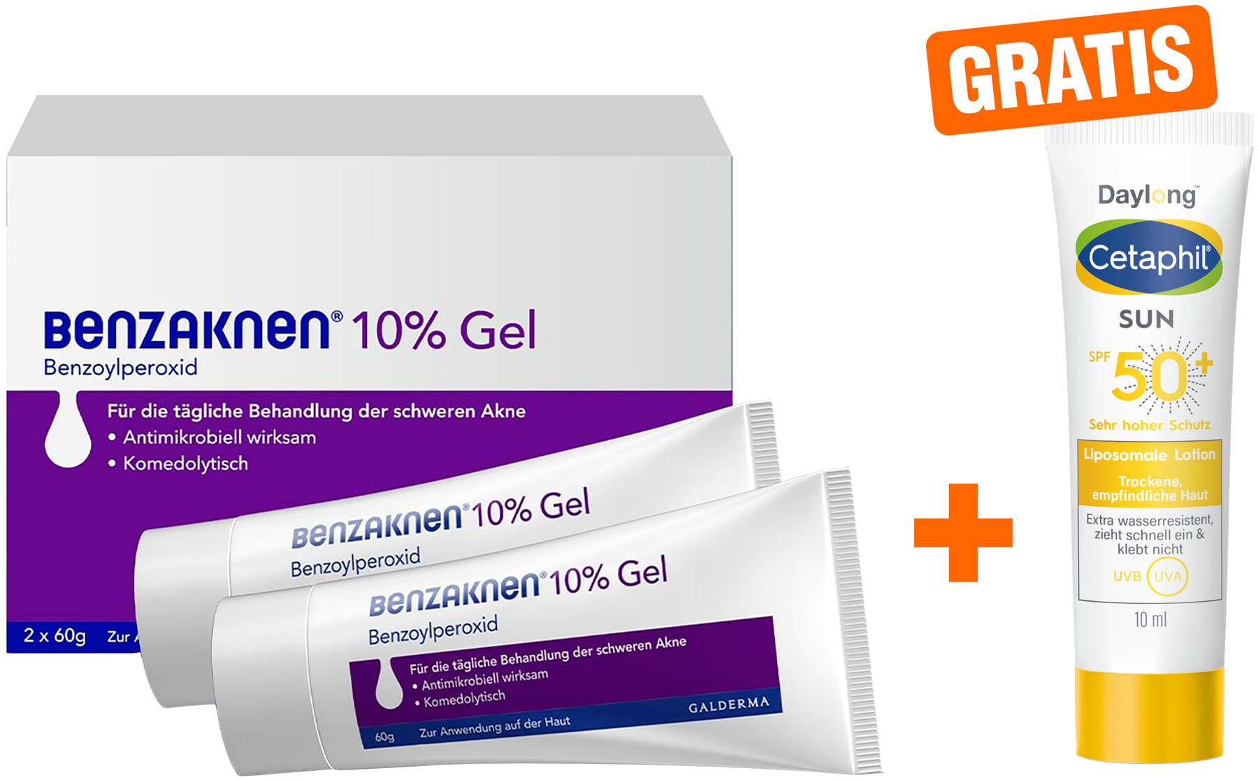 Benzaknen 10% Gel 2 x 60 g + gratis Cetaphil Sun Daylong SPF 50+ Liposomale Lotion 10 ml