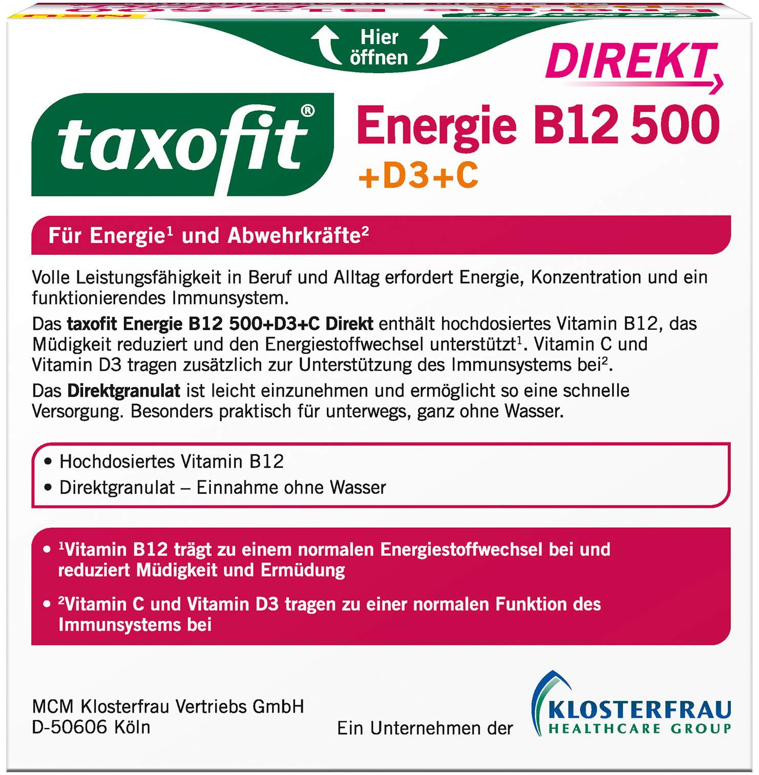 Taxofit Energie B12 500 + D3 + C Direkt Granulat 20 Beutel