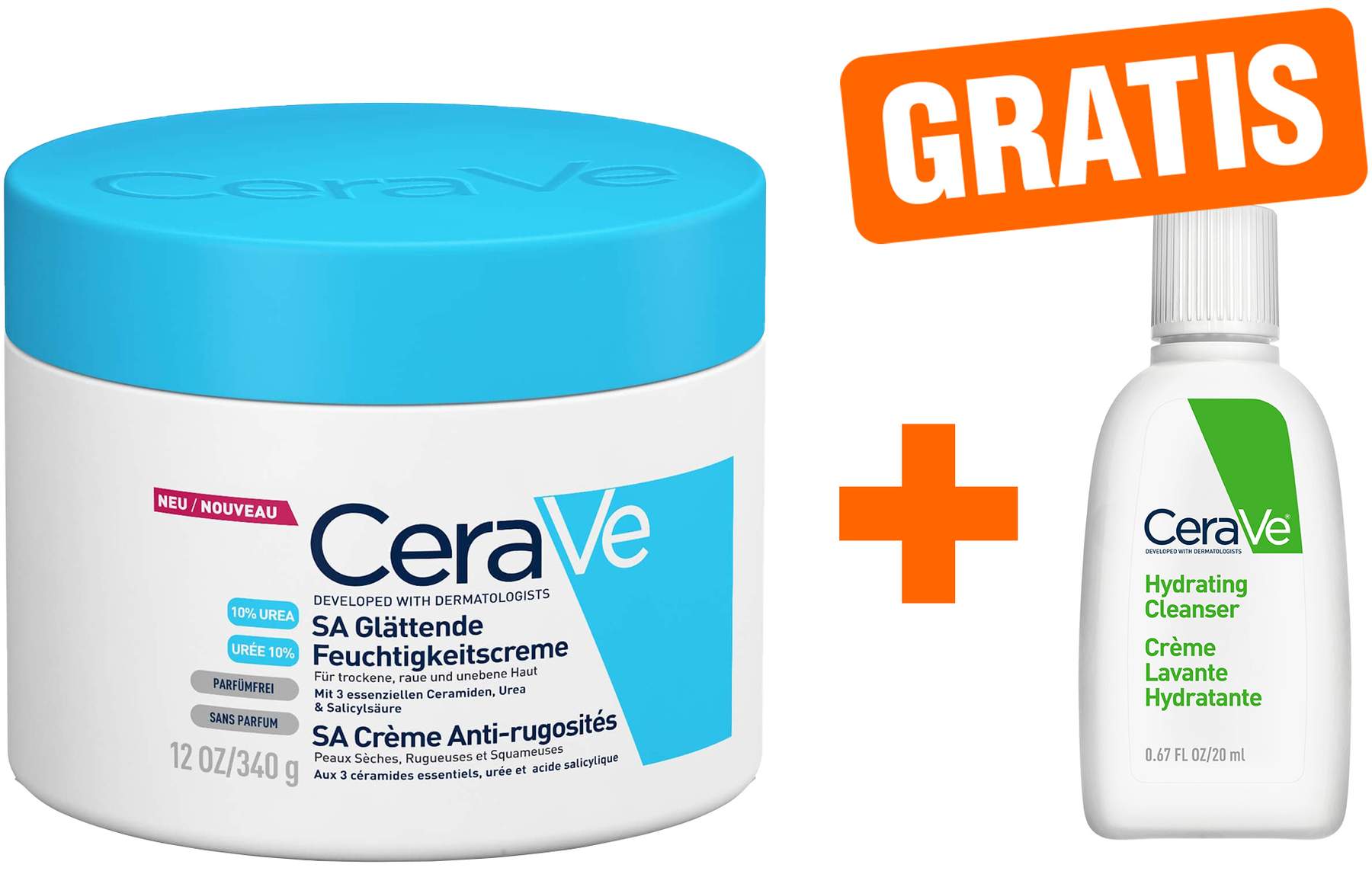 CeraVe SA Urea Glättende Feuchtigkeitscreme 340 g + gratis Feuchtigkeitsspendende Reinigungslotion 20 ml