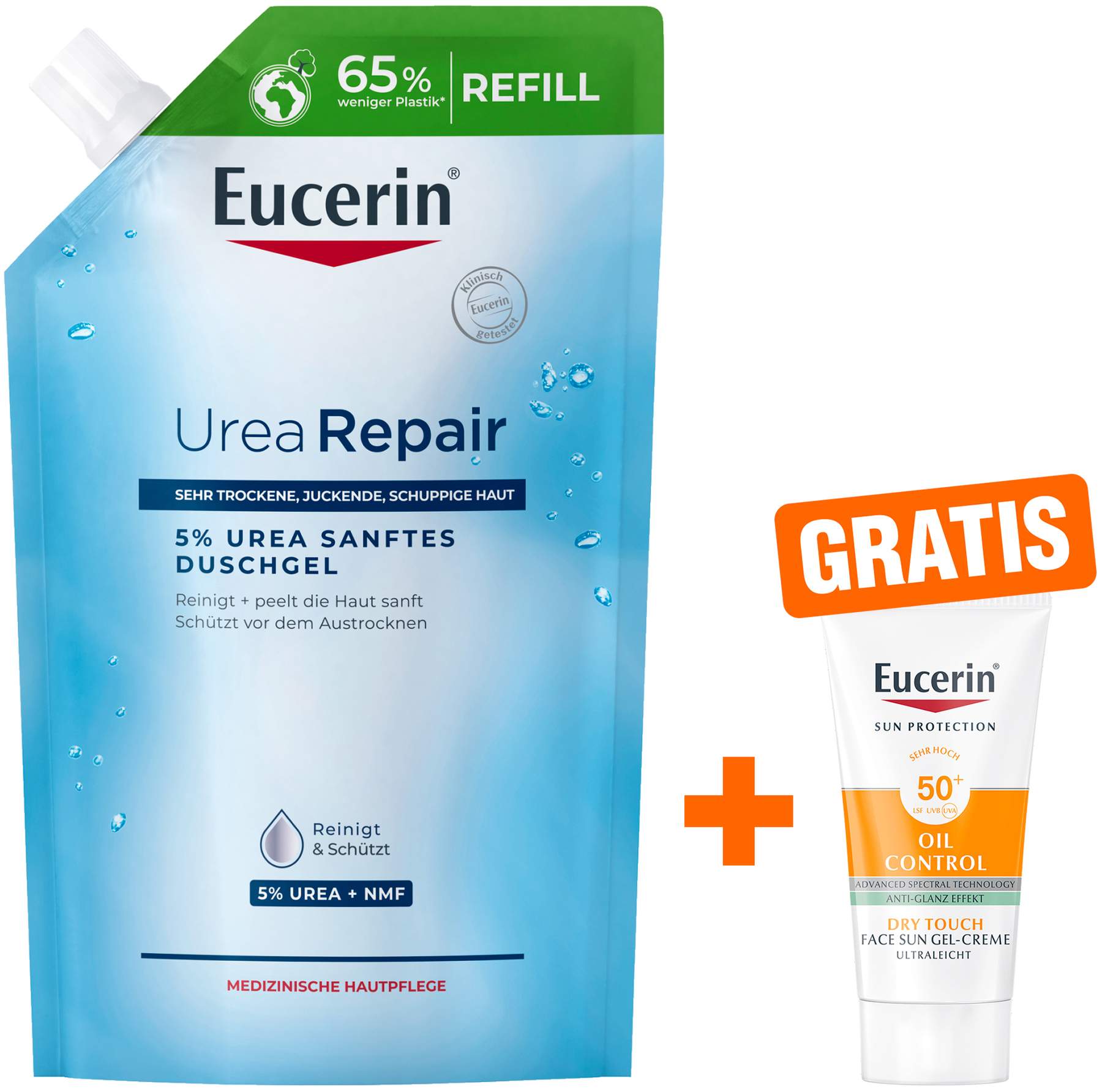 Eucerin UreaRepair 5% Urea Sanftes Duschgel Refil 400 ml + gratis Eucerin Sun Gel-Creme Oil Control 20 ml