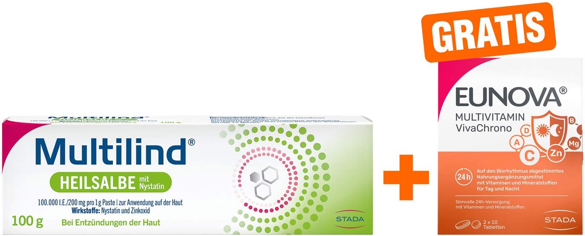 Multilind Heilsalbe mit Nystatin und Zinkoxid 100 g + gratis Eunova VivaChrono 2 x 10 Tabletten
