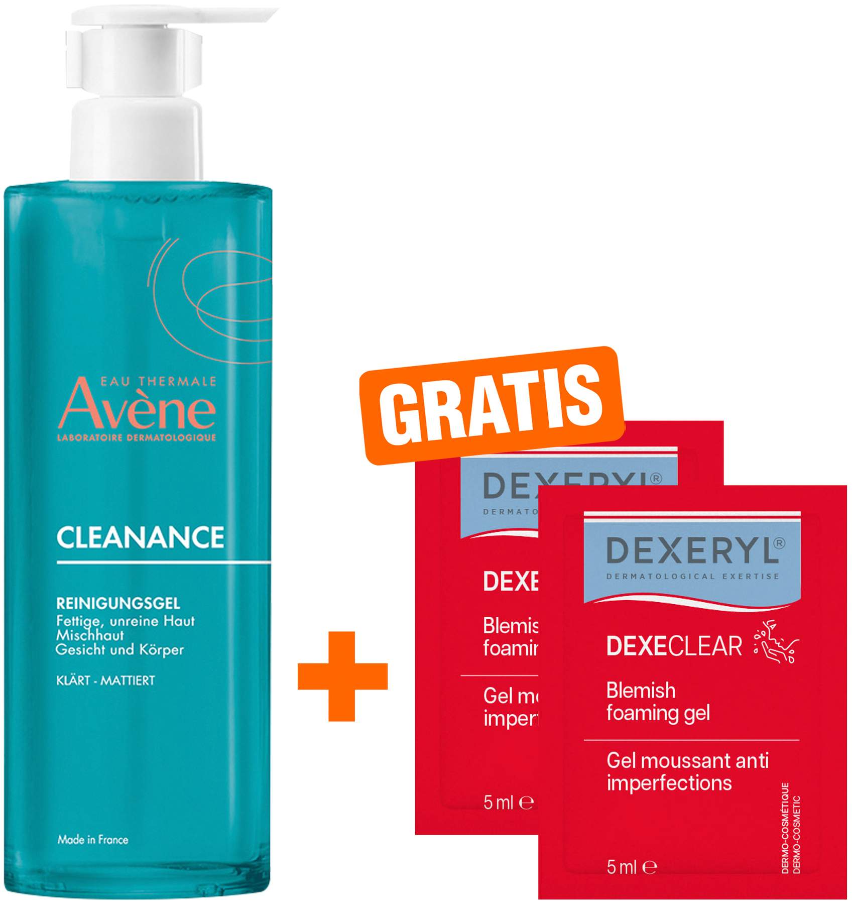 Avene Cleanance Reinigungsgel 400 ml + gratis Dexeryl Dexeclear schäumendes Reinigungsgel 2 x 5 ml