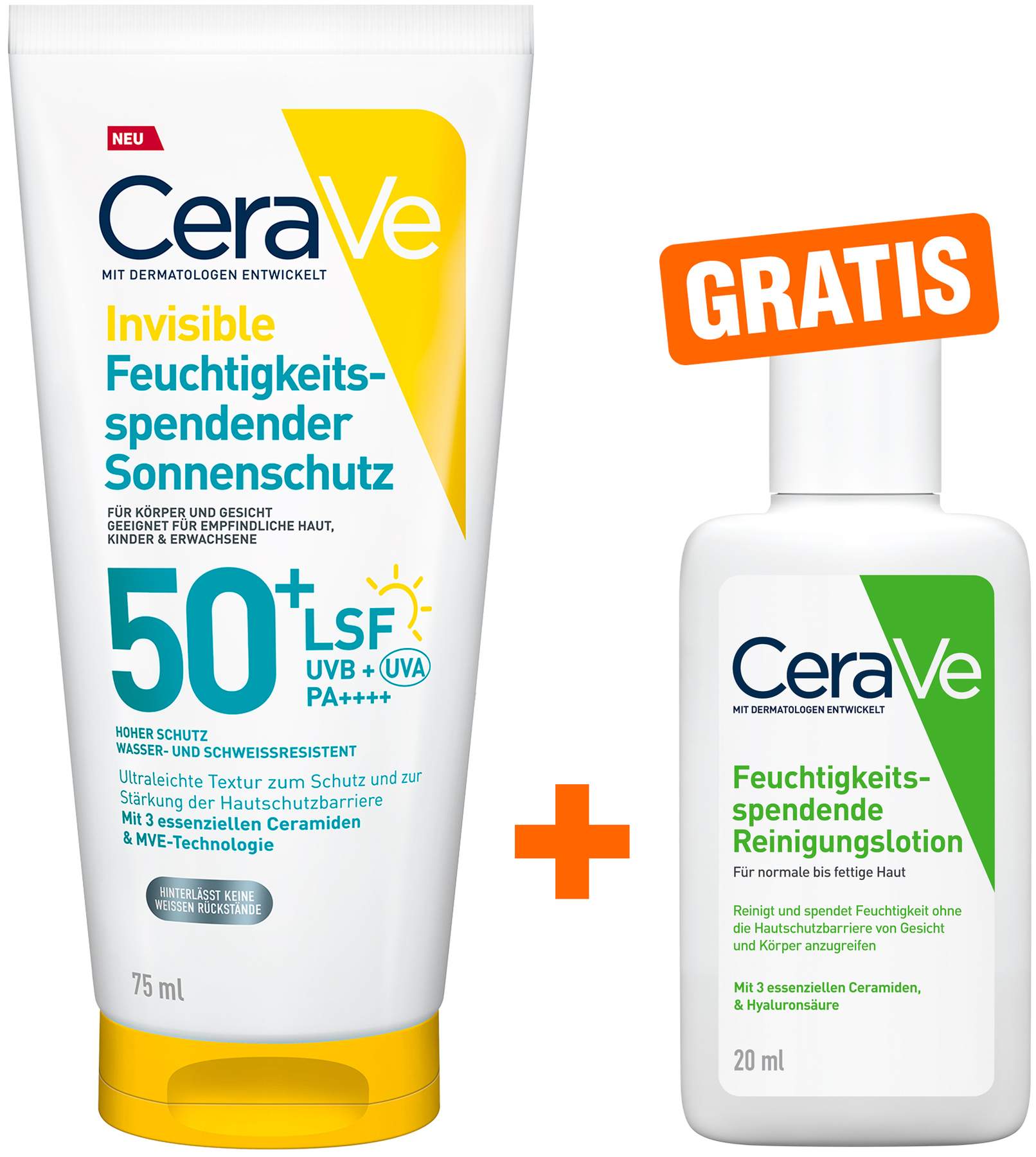 CeraVe Feuchtigkeitsspendender Sonnenschutz LSF 50+ 75 ml + gratis CeraVe Feuchtigkeitsspendende Reinigungslotion 20 ml