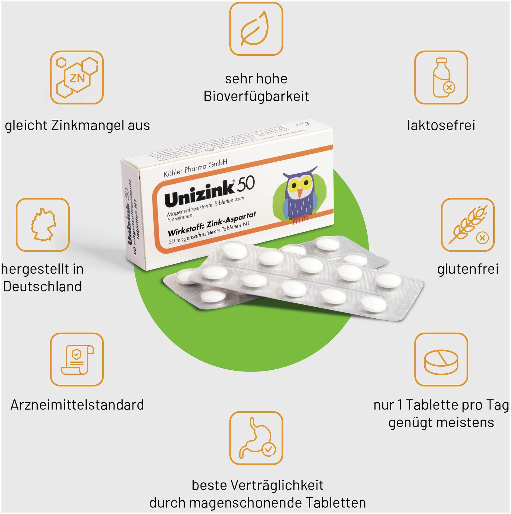 Unizink 50 magensaftresistente Tabletten 20 Stück