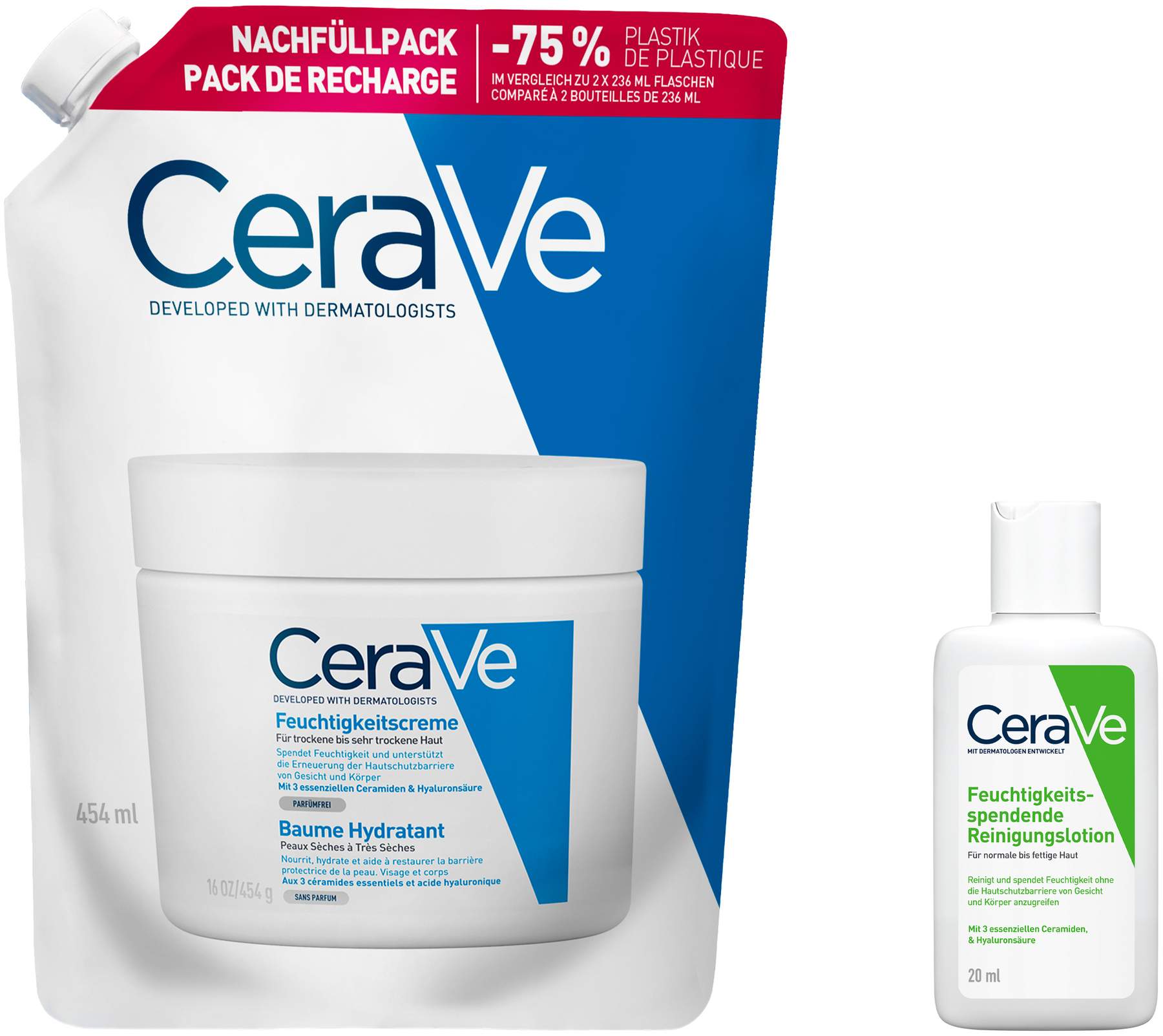 Cerave Feuchtigkeitscreme Nachfüllpacks 473 ml + gratis Cerave feuchtigkeitsspendende Reinigungslotion 20 ml