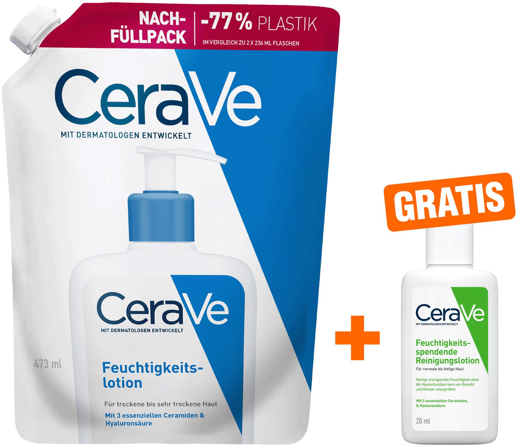 CeraVe Feuchtigkeitslotion Nachfüllpack 473 ml + gratis Cerave Feuchtigkeitsspendende Reinigungslotion 20 ml