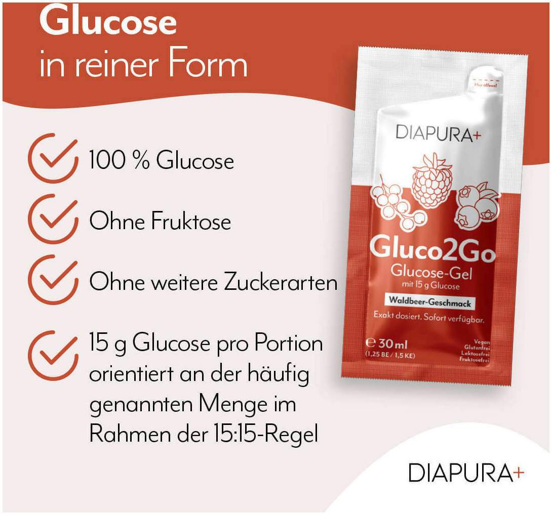 Diapura Gluco2Go Glucose-Gel 15 g Waldbeerengeschmack 12 Beutel je 30 ml