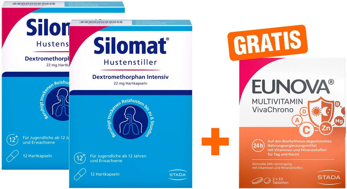 Silomat Hustenstiller Dextromethorphan Intensiv 2 x 12 Hartkapseln + gratis Eunova VivaChrono 2 x 10 Tabletten