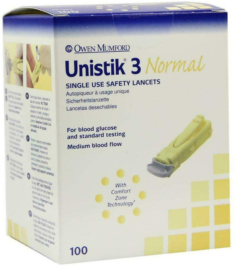 Unistik 3 Normal 1,8 mm Eindring Tiefe Stechhilfe 100 Stück