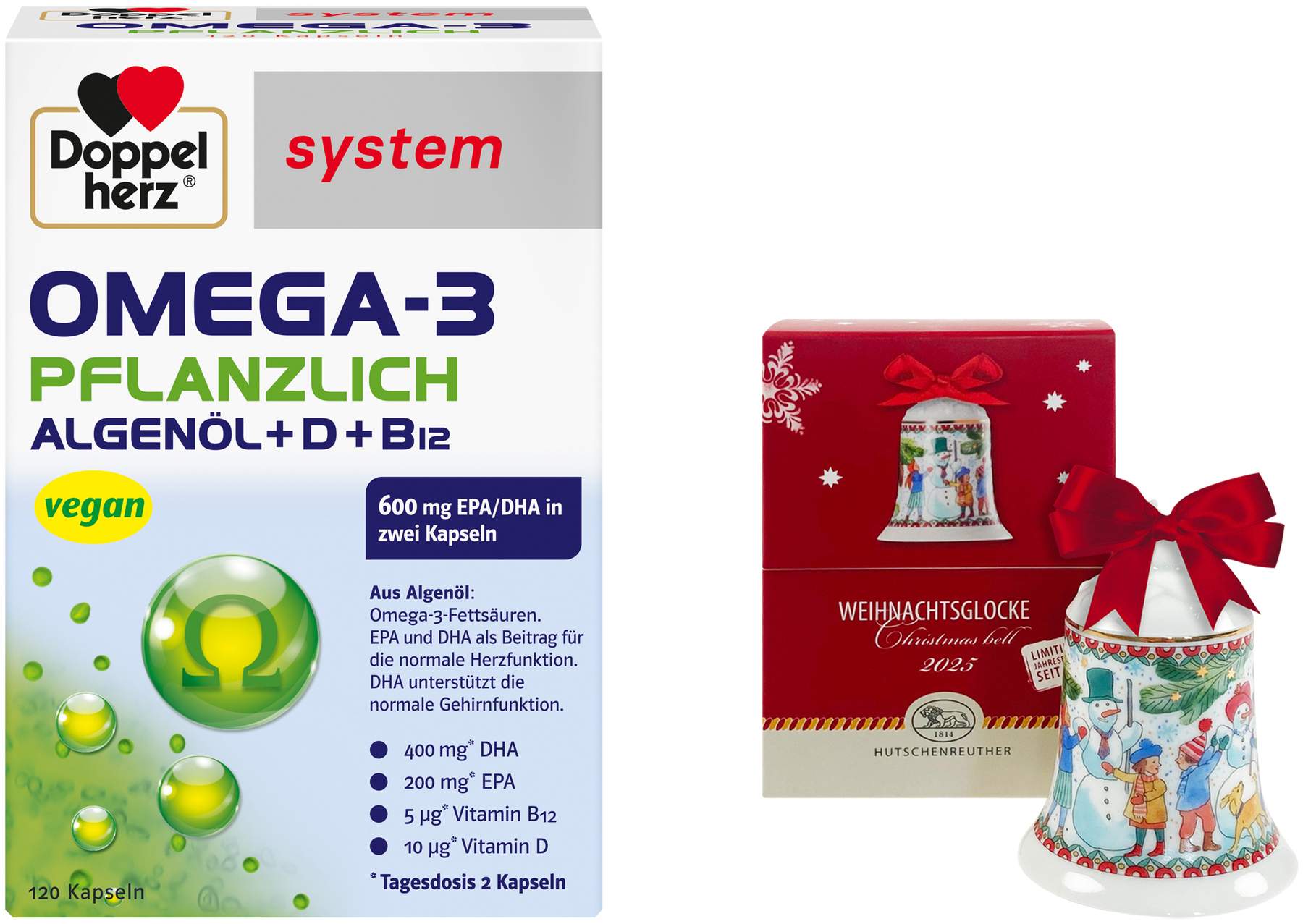Doppelherz system Omega-3 Pflanzlich 120 Kapseln + gratis Hutschenreuther Weihnachtsglocke original 1 Stück