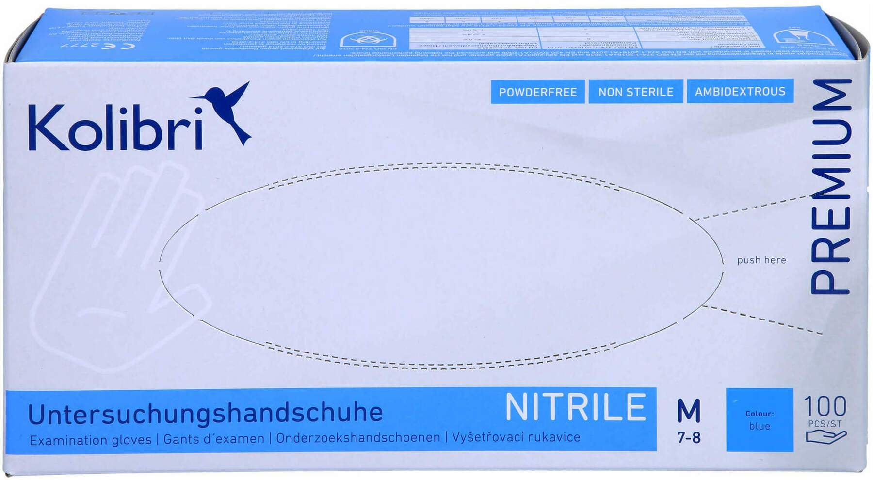Kolibri Premium U.Hands.Nitril Unst.Pf M Blau 100 Stück
