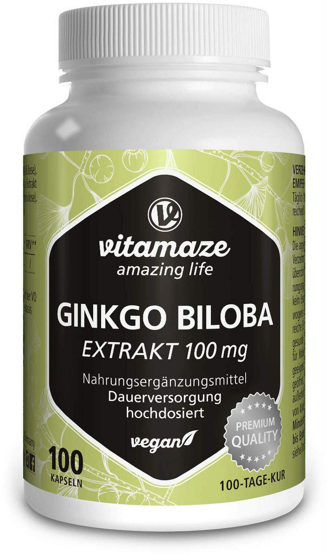 Ginkgo Biloba 100 mg Hochdosiert Vegan 100 Kapseln