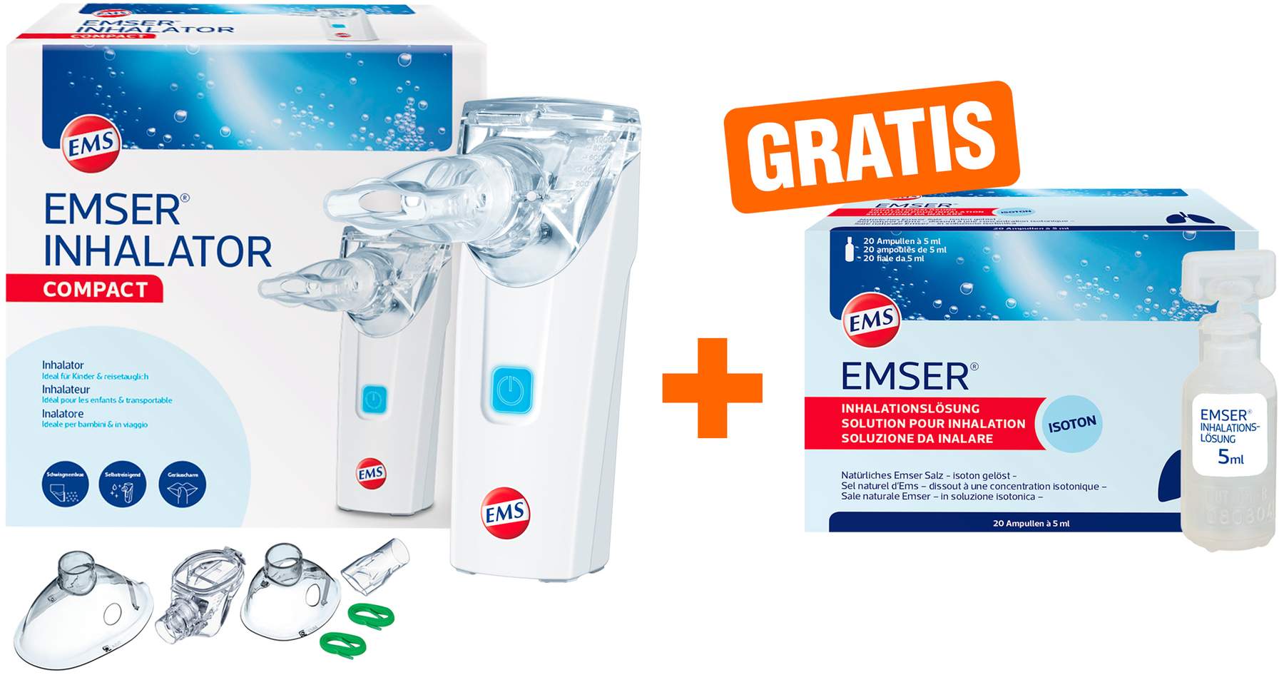 Emser Inhalator compact 1 Stück + gratis Inhalationslösung 20 x 5 ml Ampullen
