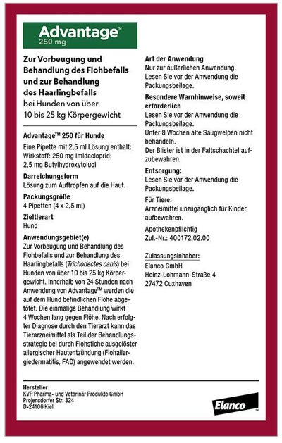 Advantage 250 Lösung für Hunde 10 - 25 kg 4 Einzeldosispipetten
